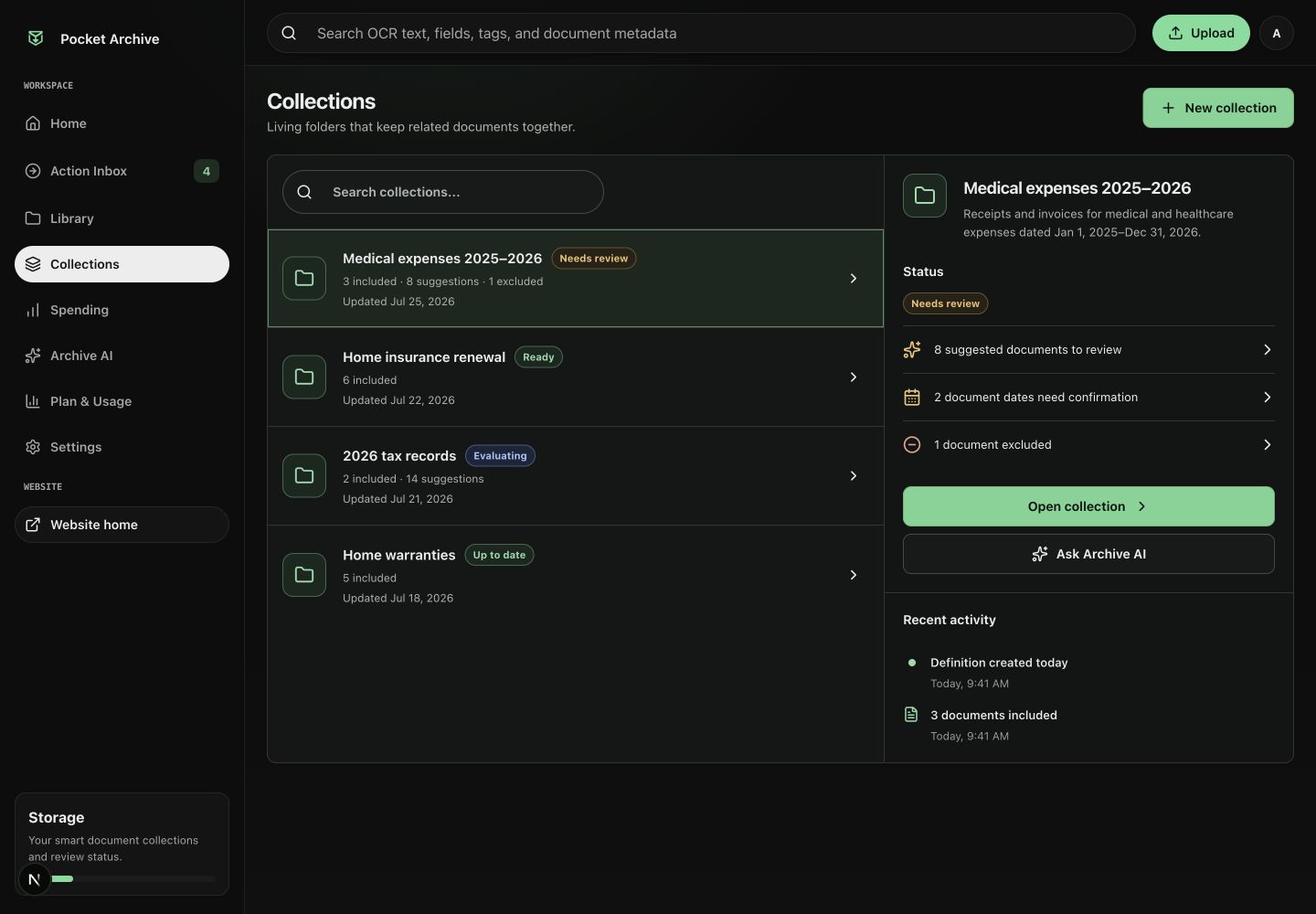Pocket Archive Collections workspace showing reviewable document groups